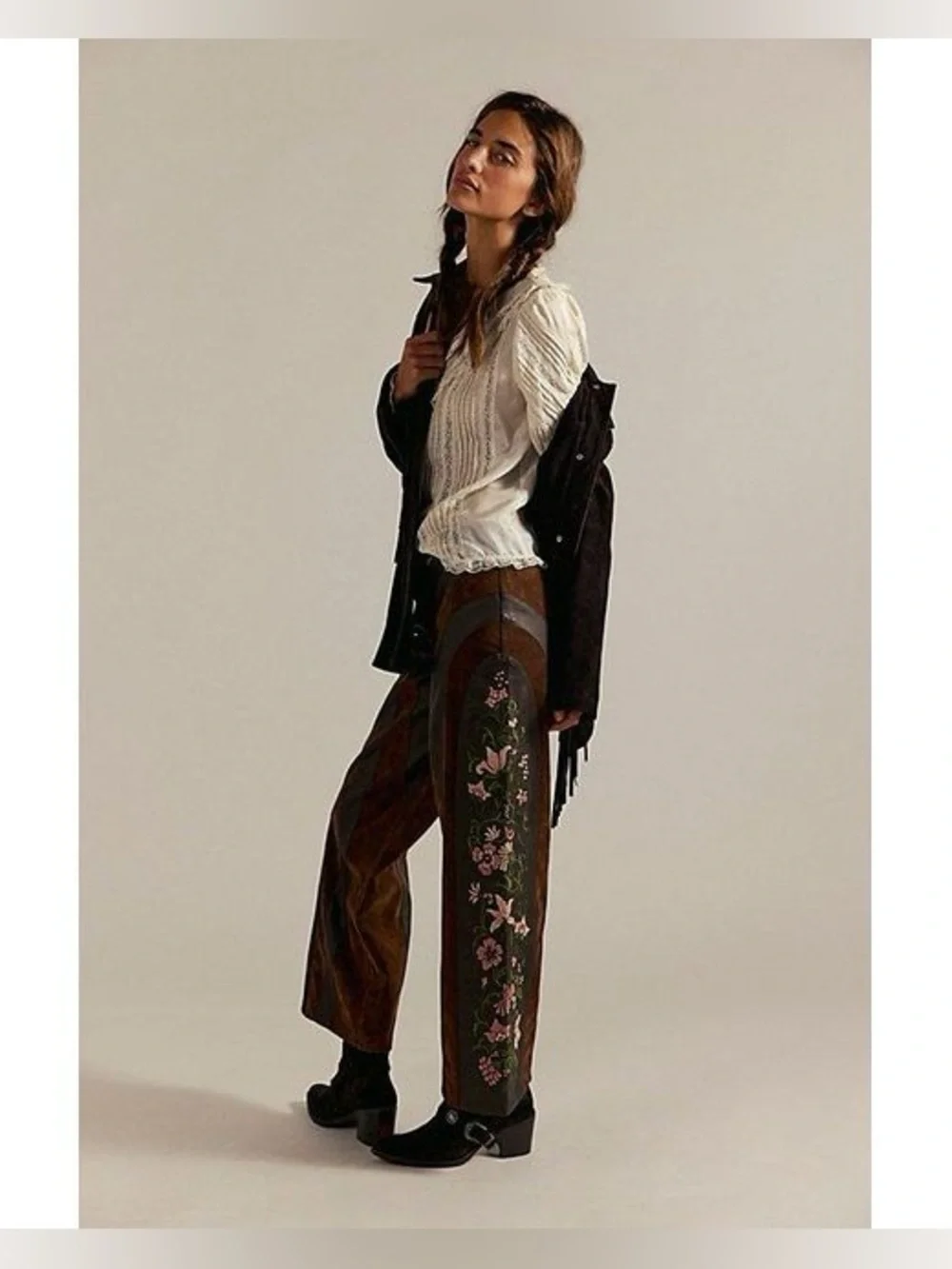Free People We The Free Belle Embroidered Vegan Leather Brown Pants Floral Sz 10